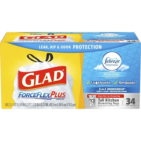 Glad 13 gal Trash Bags, 0.82 mil (21 Micron), White, 34 PK CLO70320
